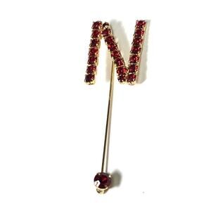 Stick Pin N Initial Red Rhinestones Vintage Estate Large Unique Rare Gold Tone